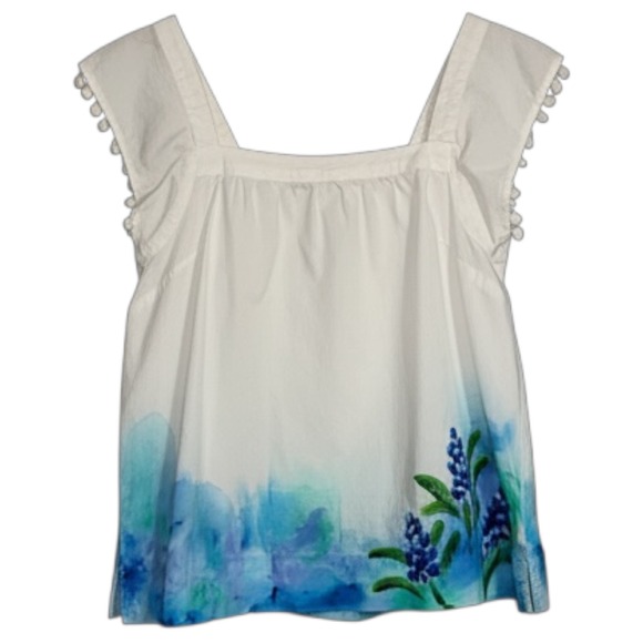 J.Crew Bluebonnet Watercolor Floral Pom Pom Trim Square Neck Top White Blue - Picture 2 of 8